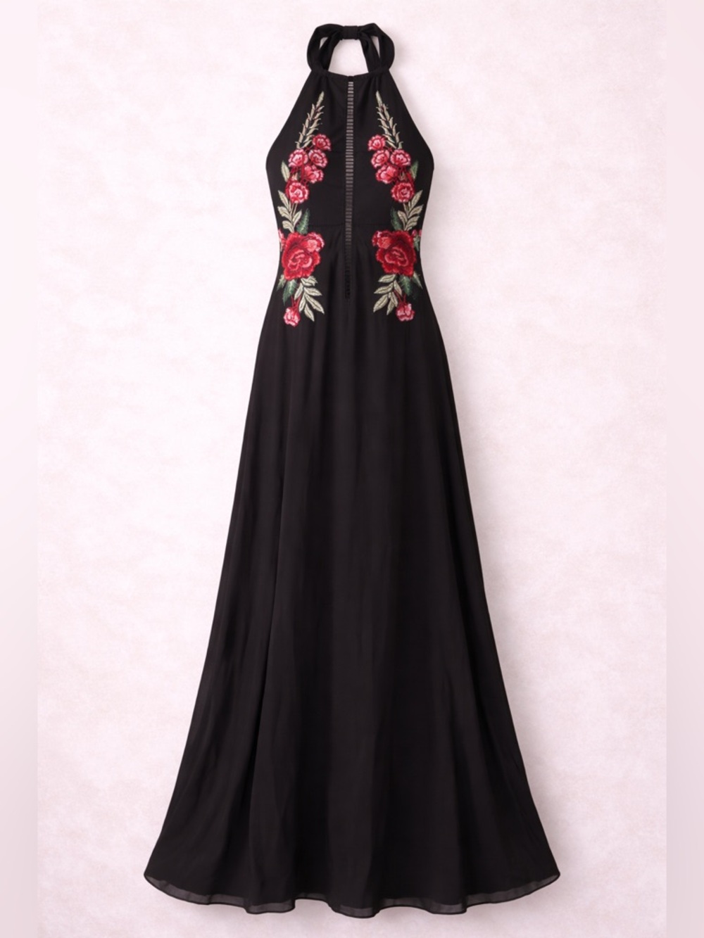 Black Embroidered Floral Halter Maxi Dress Open Back Boho Formal